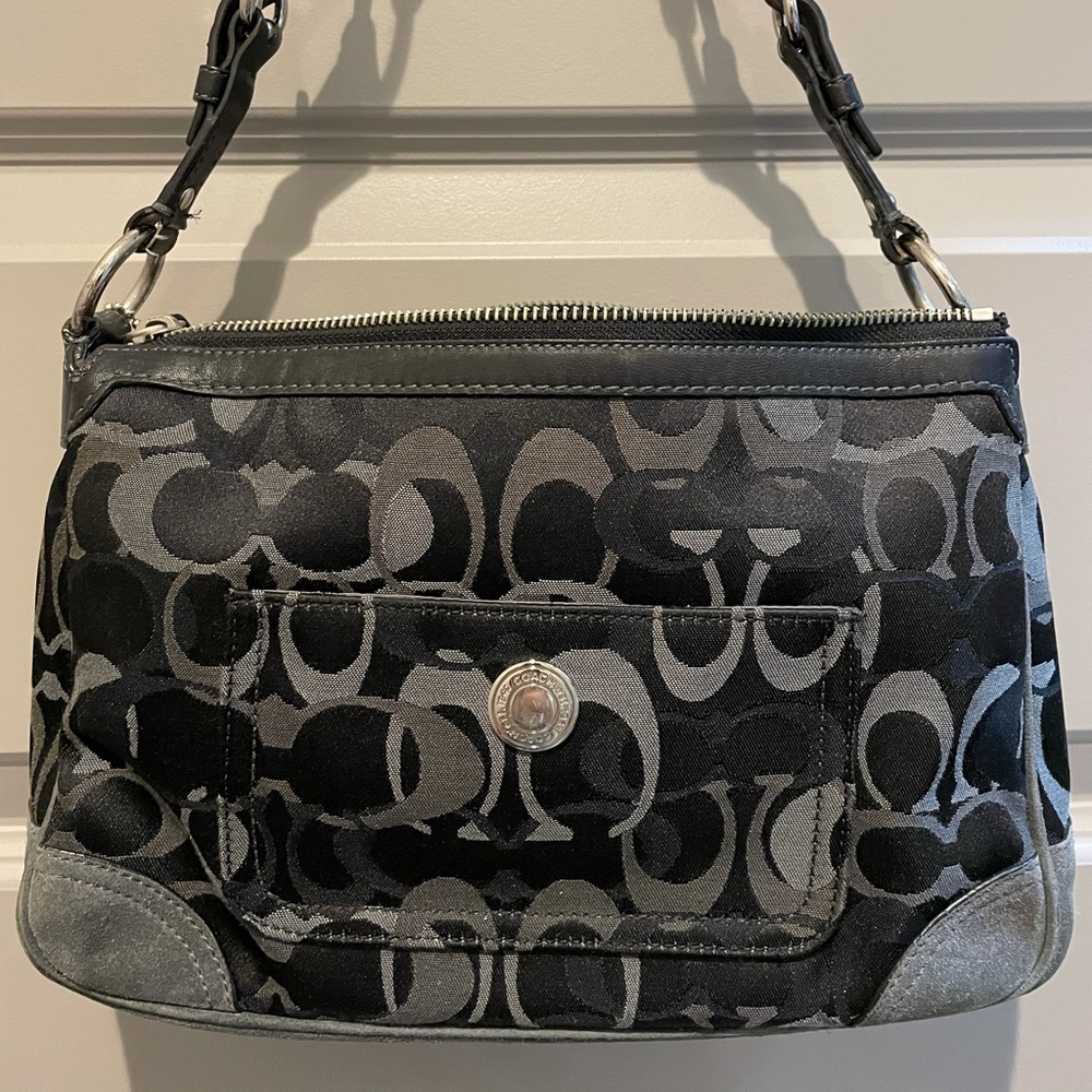 COACH Black and Gray Signature purse, suede trim